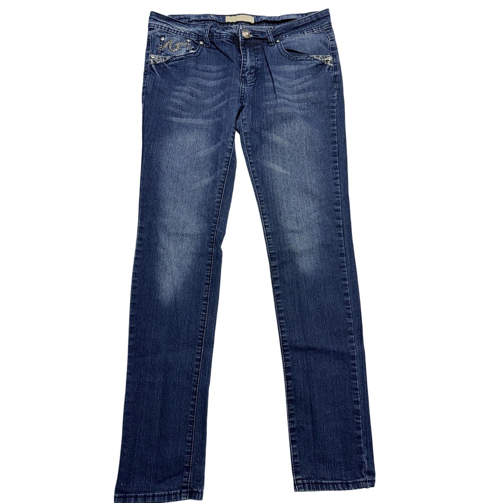 U-51 Jeans Womens 16 Blue Med Wash Mid‎ Rise Straight Rhinestone Studded 32x32